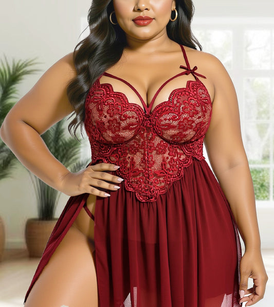 Elegant Wine-Red Mesh Babydoll Dress with Side Slit