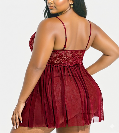 Elegant Wine-Red Mesh Babydoll Dress with Side Slit