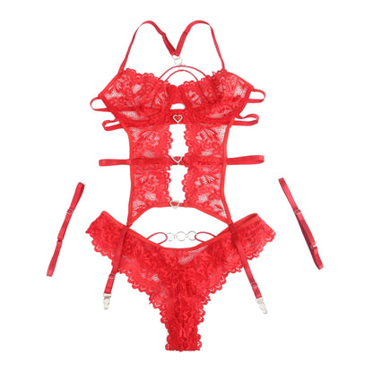 Women’s Red Lace Heart Cut-out Bodysuit